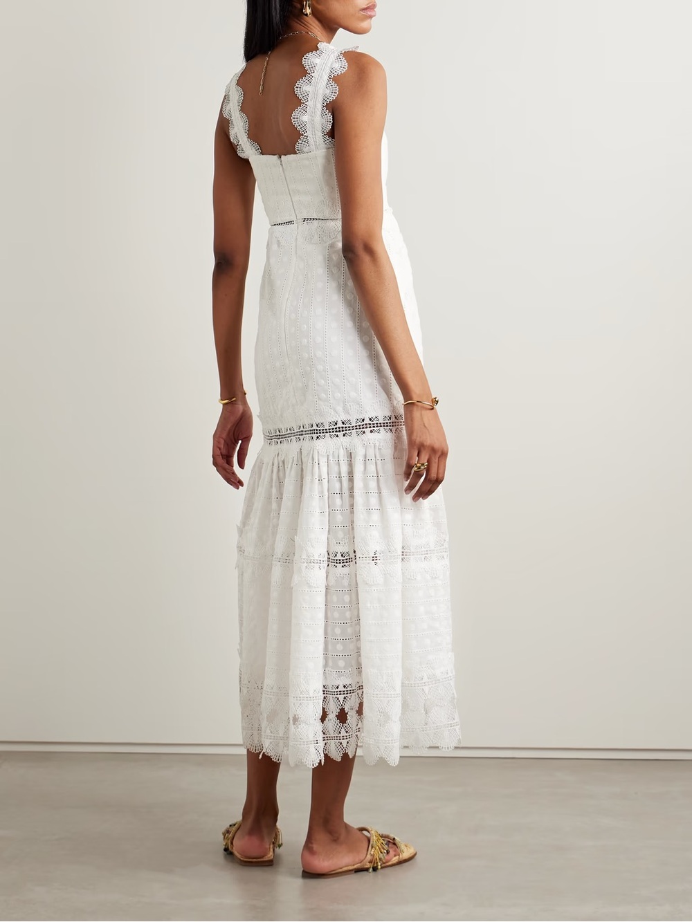 Waimari White Lace-Trimmed Broderie Ibiza Cotton-Poplin Midi Dress Large - Picture 3 of 12